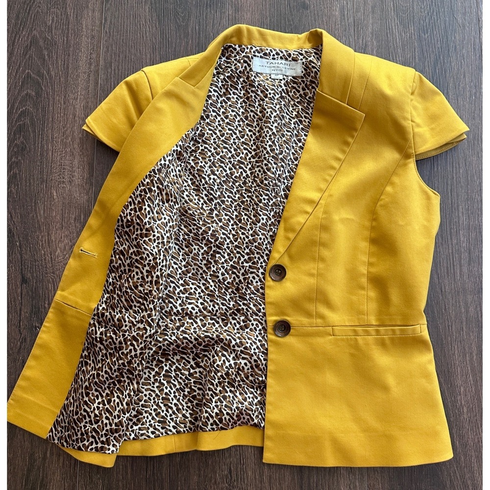 Tahari Women's 4P Mustard Yellow Leopard Lined Short Sleeve Blazer Vest Tailored
